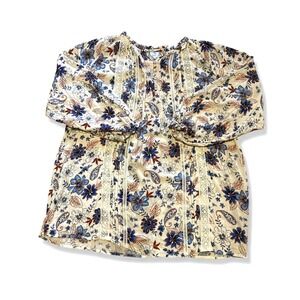 Cracker Barrel Navy Floral Boho Peasant Blouse XL Lace Trim Rayon Cottagecore